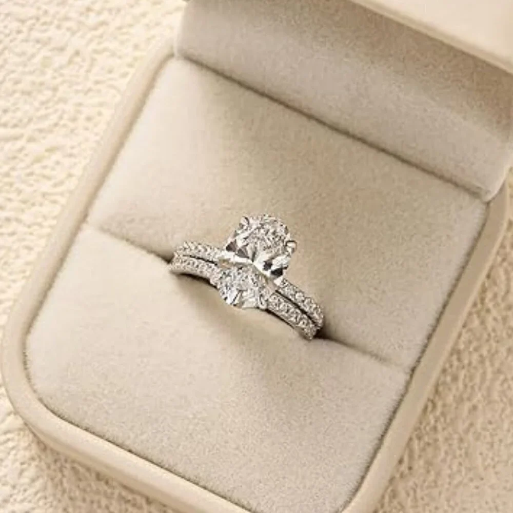 18K White Gold 3.5ct Oval Diamond Ring Set 925 Sterling Silver Wedding Bridal